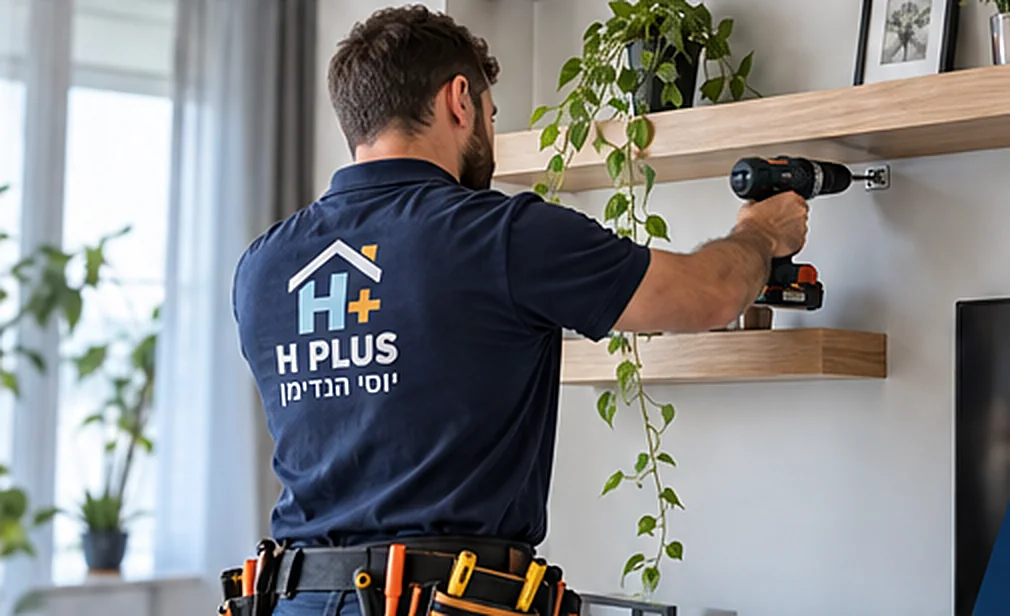 הנדימן בחולצת H PLUS מתקין מדף עץ בסלון - צילום להמחשה